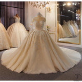 Luxury White Wedding Dress Short Sleeve Full Beading Ball Gown - $829.99