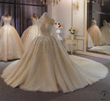 Luxury White Wedding Dress Short Sleeve Full Beading Ball Gown - $829.99