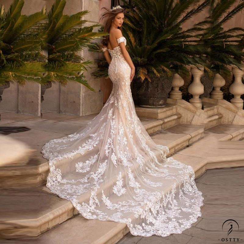 Mermaid Lace Open Back Wedding Gowns Sweetheart Off Shoulder Sleeve Wedding Dresses - $329.90