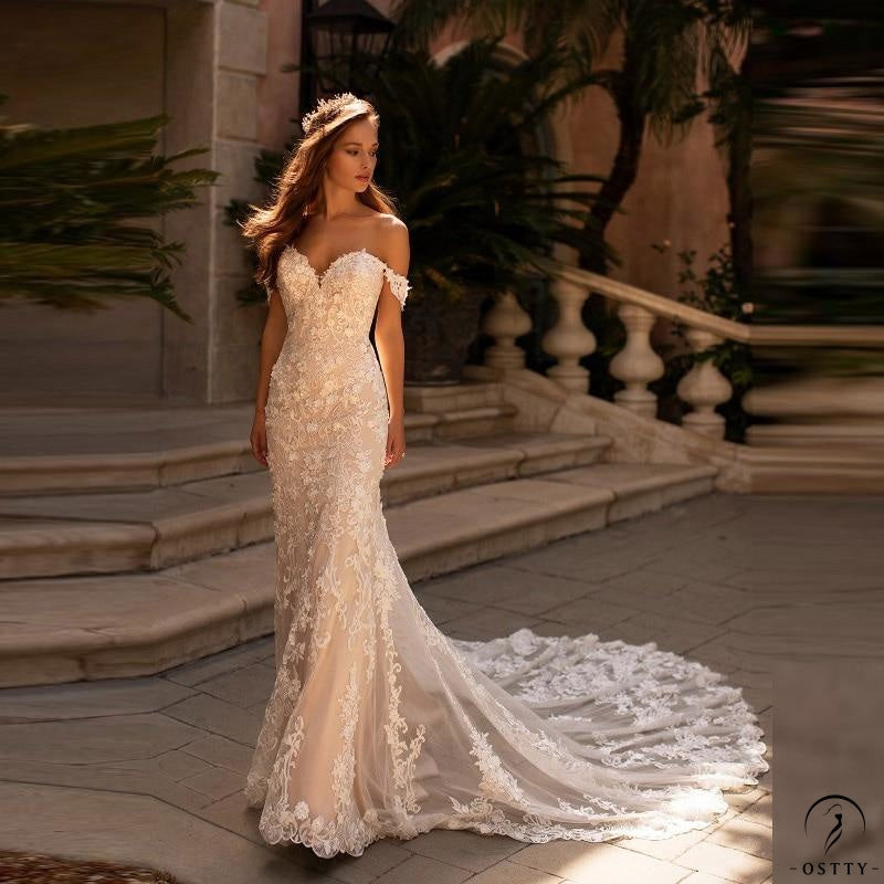 Mermaid Lace Open Back Wedding Gowns Sweetheart Off Shoulder Sleeve Wedding Dresses - $329.90