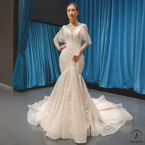 off-Shoulder Bridal Waist Fishtail Wedding Dress Fashionable Korean Lace Small Tail - White/skin color bottom / Customized Service - $499.99