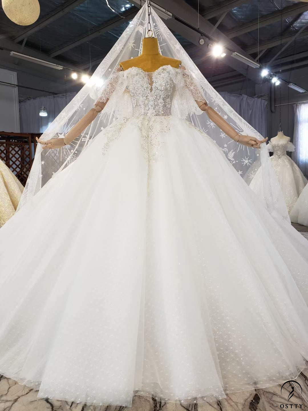 Off Shoulder Lace Flower Wedding Dress OSX001 - White Wedding Dresses $599.99