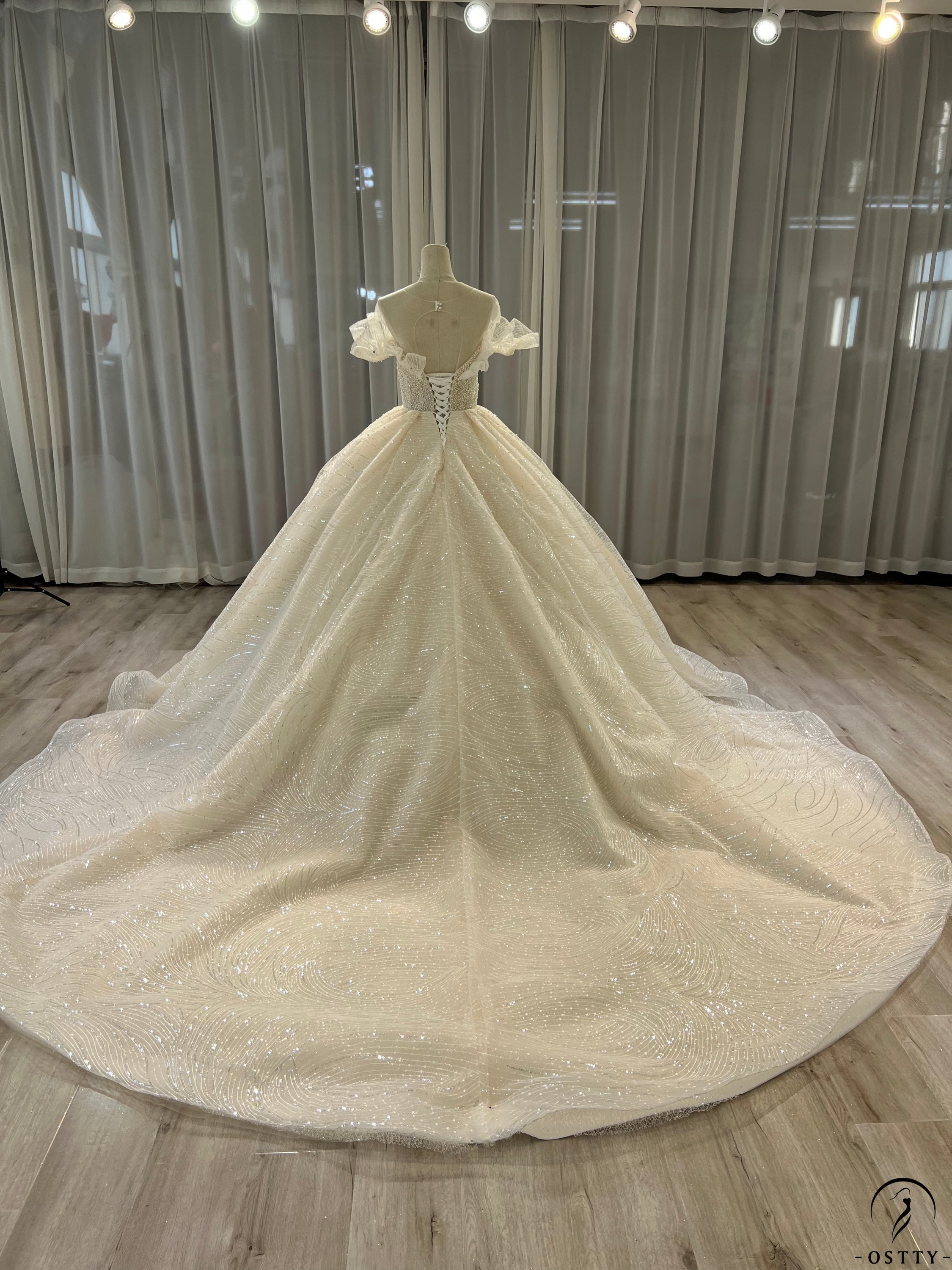 Ostty Luxury Champagne Short Sleeves Wedding Dress - Quinceanera Dress $1,299