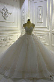 Ostty Luxury White Wedding Dress Long Sleeve Ball Gown Crystal Dresses OS853