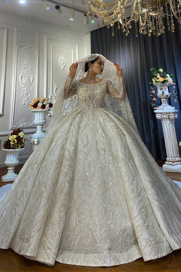 OSTTY - Ostty Luxury White Wedding Dress Long Sleeve Ball Gown Crystal ...