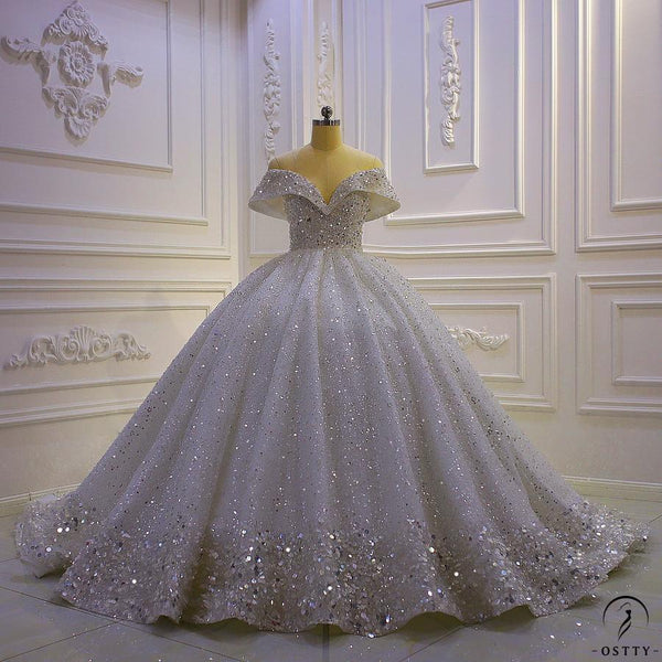 OSTTY - Ostty Luxury White Wedding Dress Short Sleeve Ball Gown Crystal ...