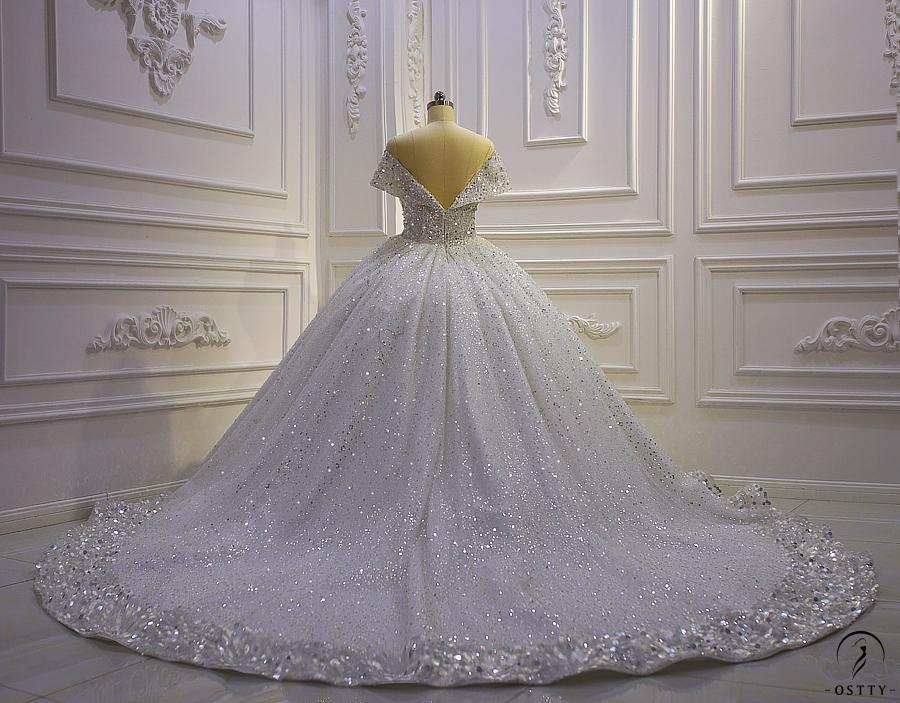 OSTTY - Ostty Luxury White Wedding Dress Short Sleeve Ball Gown Crystal ...