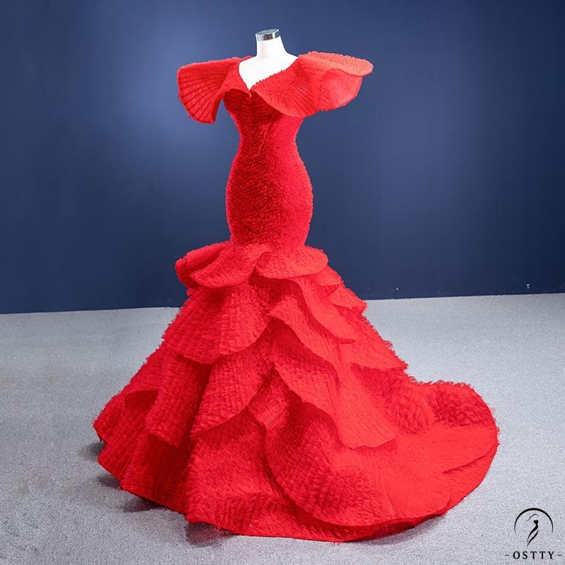 Red Bridal Dress Toast Dress Fish Tail Figure Flattering Princess Dress Stage Costume - Red / Customized Dress - $738.53