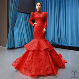 Red Bridal Dress Toast Dress Slimming Fishtail Skirt Noble Sexy Long Sleeve Stand Collar Trailing Evening Dress for Women - Bright red / 