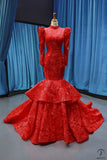 Red Bridal Dress Toast Dress Slimming Fishtail Skirt Noble Sexy Long Sleeve Stand Collar Trailing Evening Dress for Women