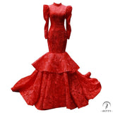 Red Bridal Dress Toast Dress Slimming Fishtail Skirt Noble Sexy Long Sleeve Stand Collar Trailing Evening Dress for Women - Bright red / 