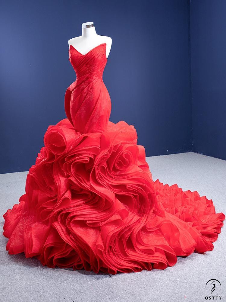 Red Bridal Dress Toasting Dress Fishtail Trailing Slim-Fit Solo Pettiskirt Performance Dress - Red / Customized Dress - $724.39