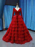 Red Bridal Korean-Style Long-Sleeved Wedding Dress Women's Small Trailing Deep V-neck Suede Company Annual Party Evening Dress