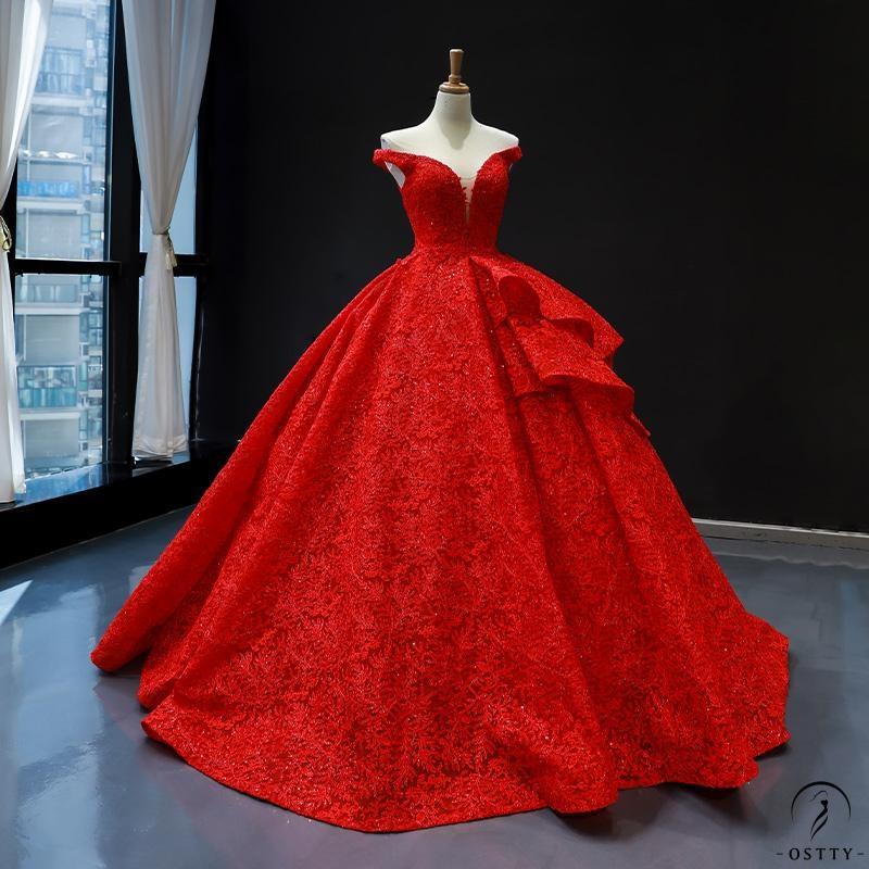 Red Bridal off-Shoulder Sequined Lace Pettiskirt Fashionable Floor-Length High Waist Temperament Banquet Evening Dress - Red / Customized 