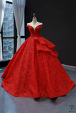Red Bridal off-Shoulder Sequined Lace Pettiskirt Fashionable Floor-Length High Waist Temperament Banquet Evening Dress