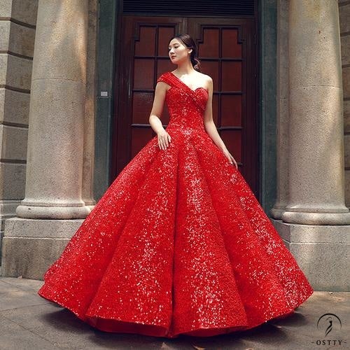 Red Bridal Wedding Court Elegant One-Shoulder Princess Floor-Length Pettiskirt Red Wedding Dress - Bright red / Customized Dress - $738.53