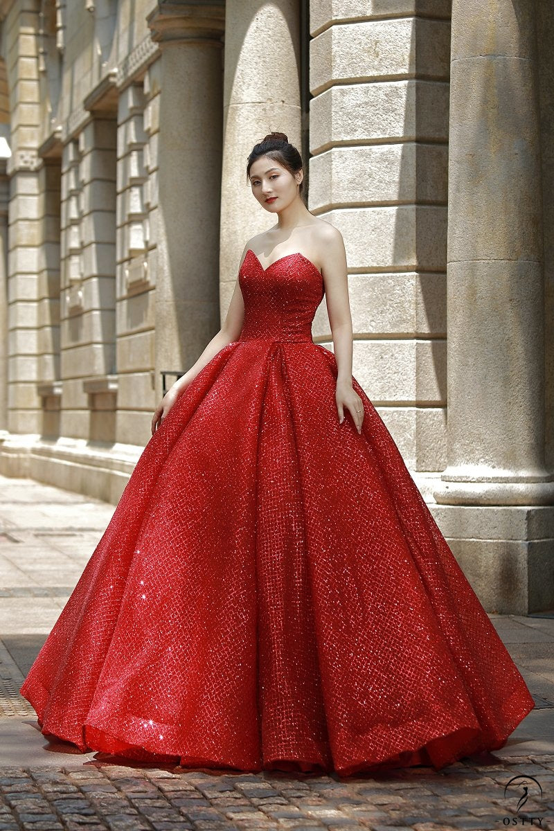 OSTTY - Red Bridal Wedding Korean Style Tube Top Red Wedding Dress  Youyagongzhu Floor-Length