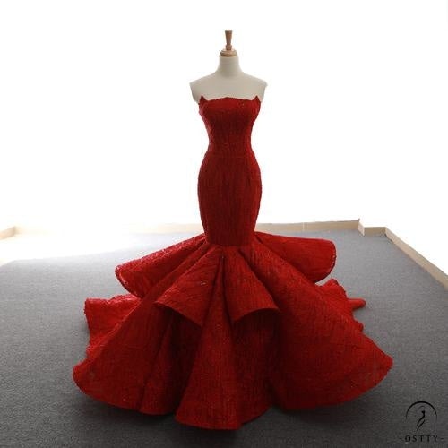 Red Bride Wedding Dress Fishtail Toast Dress Trailing Temperament Banquet Dress for Women - Wine Red / Custom Service - $738.53
