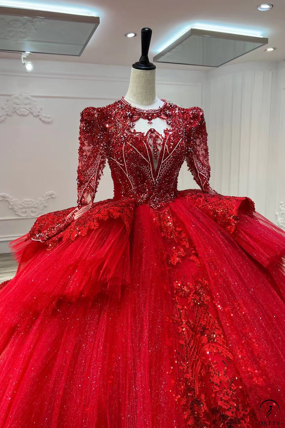 Red Luxury Long Sleeves beads Ball Gown Wedding Dress - $1,499.99