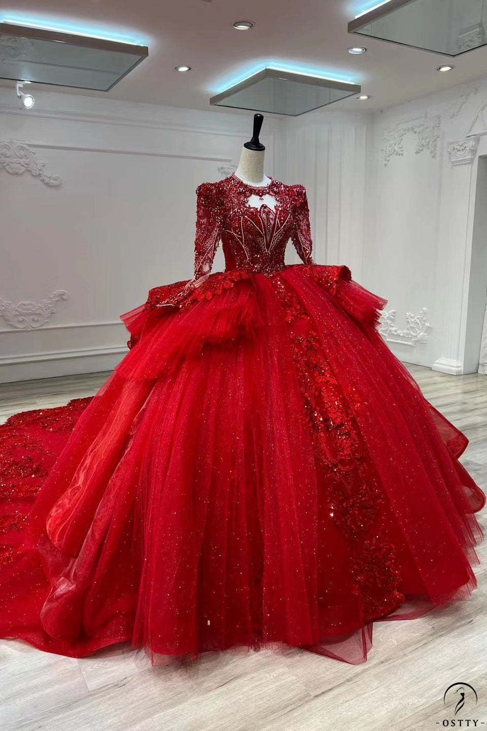 Red Plus Size Ball Gown Puffy Red Quinceanera Dresses With Pearls Lace  Applique And Long Sleeves Elegant Prom And Formal Evening Gresses From  Weddingpalacedress, $155.82 | DHgate.Com