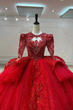 Red Luxury Long Sleeves beads Ball Gown Wedding Dress - $1,499.99