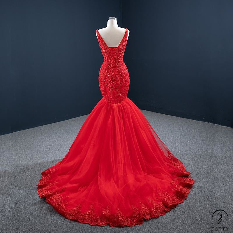 Red Wedding Bridal Dress Toast Dress Elegant Tail Fishtail Beauty Performance Dress - Red / Customized Dress - $515.40