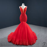 Red Wedding Bridal Dress Toast Dress Elegant Tail Fishtail Beauty Performance Dress - Red / Customized Dress - $515.40