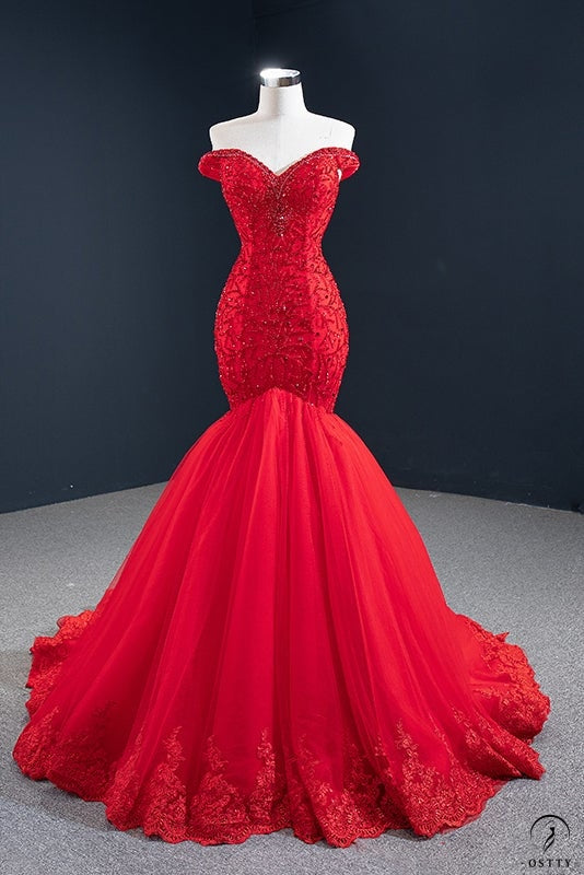 Red Wedding Bridal Dress Toast Dress Fishtail Elegant Beauty Dress - Red / Customized Dress - Wedding & Bridal Party Dresses $518.54
