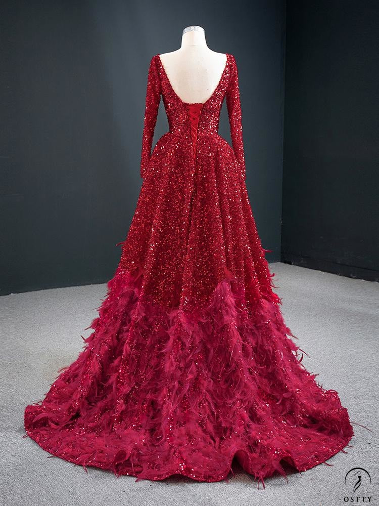 Red Wedding Bridal Dress Toast Dress Long Sleeve Catwalk Solo Pettiskirt - Purplish red / Customized Dress - $477.06