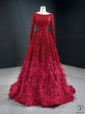 Red Wedding Bridal Dress Toast Dress Long Sleeve Catwalk Solo Pettiskirt - Purplish red / Customized Dress - $477.06