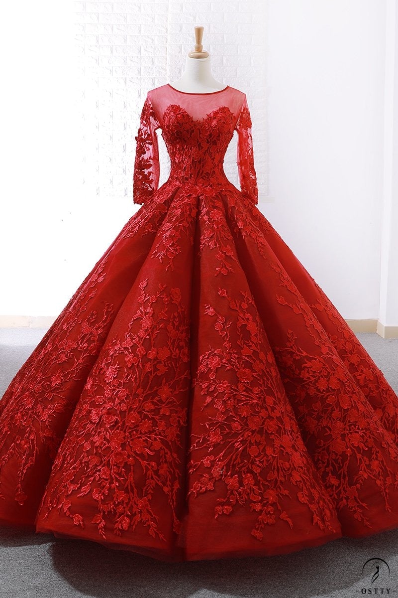 Red Wedding Bridal Dress Toast Dress Long Sleeve Trailing Solo Pettiskirt - Wine Red / Customized Dress - $799.99