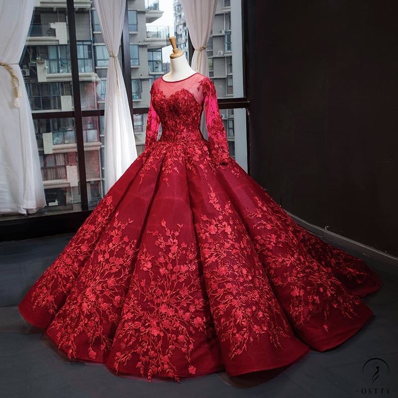 Red Net Hand Work Long Trail Gown for Wedding WJ64720