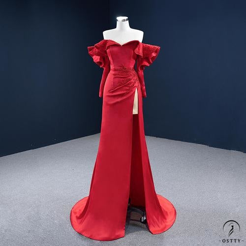 Red Wedding Bridal Dress Toast Dress off-Shoulder Trailing Performance Dress - Red / Customized Dress - $493.40