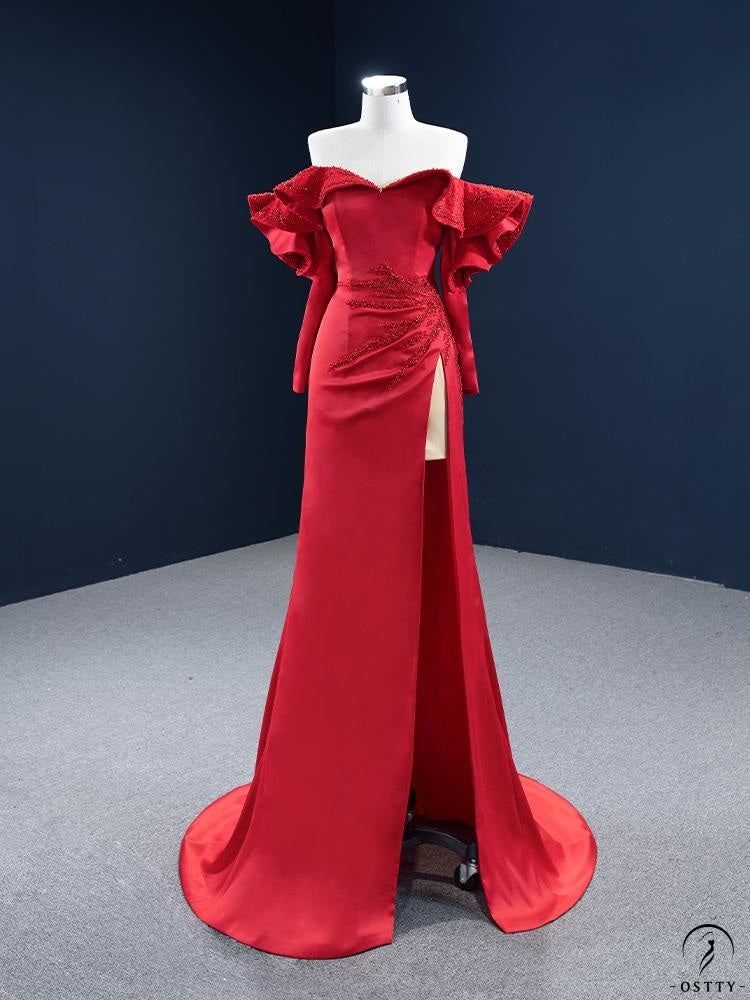 Red Wedding Bridal Dress Toast Dress off-Shoulder Trailing Performance Dress - Red / Customized Dress - $493.40