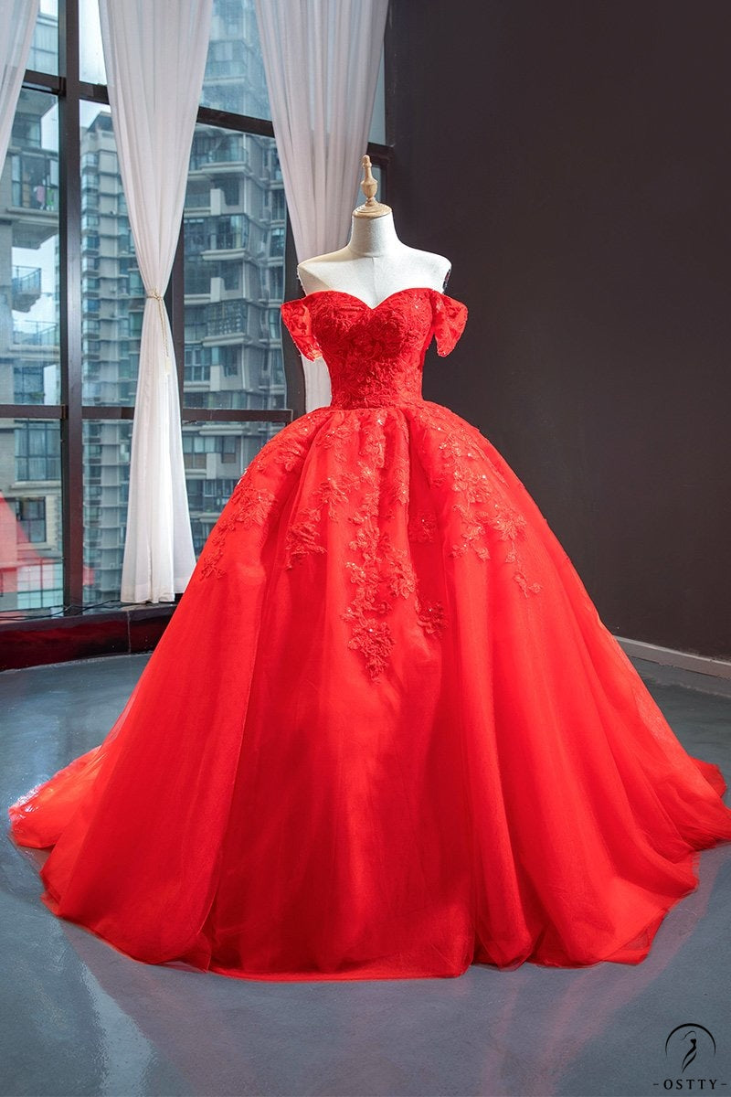 Red Wedding Dress Bridal Wedding Korean Style off-Shoulder Lace Small Tail Colored Mesh Pettiskirt - Bright red / Customized Dress - $400.69