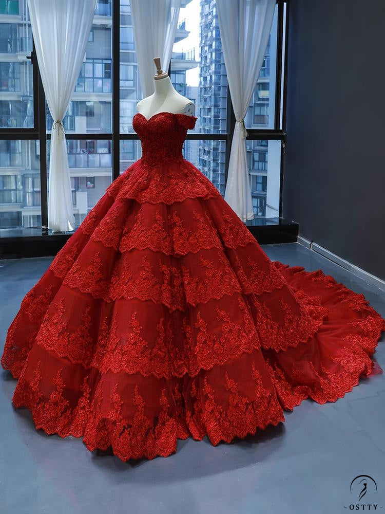 Red Wedding Dress Bride Solo Pettiskirt off-Shoulder Elegant Long Trailing Evening Dress - Wine Red / Customized Dress - $801.39