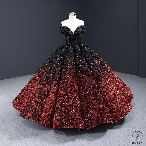 Red Wedding Dress Bride Solo Pettiskirt off-Shoulder Luxury Floor-Length Dinner Dress - Gradient black and red No. 19507 color / 