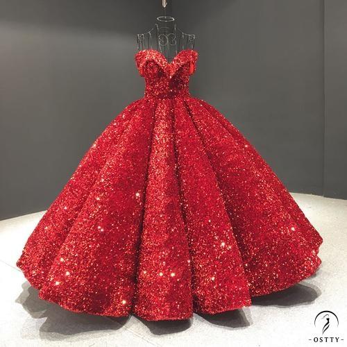 Red Wedding Dress Bride Solo Pettiskirt off-Shoulder Luxury Floor-Length Dinner Dress - Bright red / Customization - $499.99