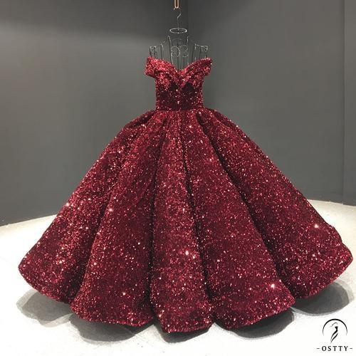 Red Wedding Dress Bride Solo Pettiskirt off-Shoulder Luxury Floor-Length Dinner Dress - Wine Red / Customization - $499.99