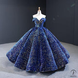 Red Wedding Dress Bride Solo Pettiskirt off-Shoulder Luxury Floor-Length Dinner Dress - Sapphire Blue / Customization - $499.99