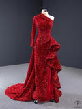 Red Wedding Dress Bride Solo Pettiskirt Stage Performance Dress Trailing One Shoulder Long Sleeve Fishtail