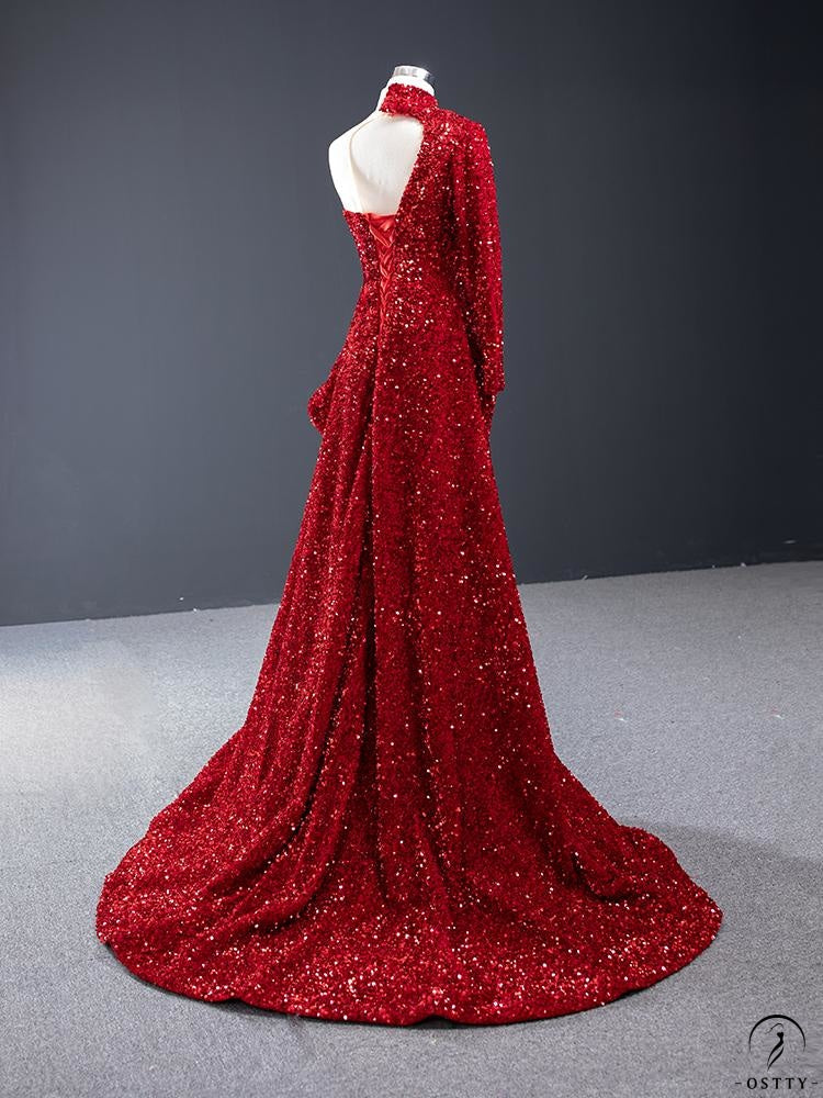 Red Wedding Dress Bride Solo Pettiskirt Stage Performance Dress Trailing One Shoulder Long Sleeve Fishtail - $448.15