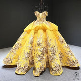 Red Wedding Dress Bride Solo Pettiskirt Temperament Evening Dress for Women - Yellow with golden flower / Customized - $551.54