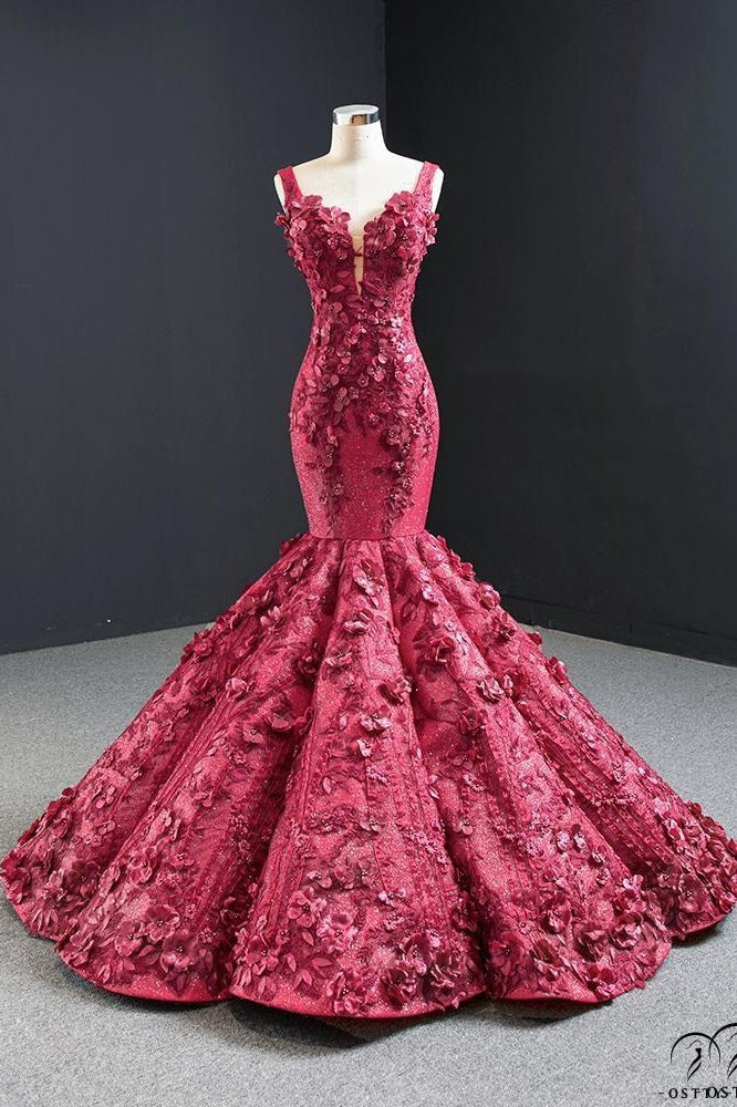 Red Wedding Dress Bride Solo Pettiskirt Wedding Toast Dress Banquet Fishtail Gown - Wine Red (dress veil) / Customized Dress - Wedding & 