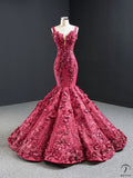 Red Wedding Dress Bride Solo Pettiskirt Wedding Toast Dress Banquet Fishtail Gown - Wine Red (dress veil) / Customized Dress - $615.34