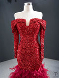 Red Wedding Dress Bride Toast Dress Long-Sleeved Fishtail Dress Solo Pettiskirt Elegant Dress Women - Purplish red / Customized Dress - 