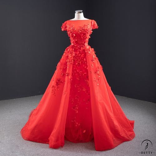 Red Wedding Dress Bride Wedding Toast Dress Short Sleeve Disassembly Trailing Dress Solo Pettiskirt - Red / Customized Dress - $461.98