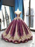Red Wedding Dress Bride Vocal Solo Pettiskirt off-Shoulder Gold-Colored and Floor-Length Banquet Evening Dress - $759.99