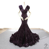 Red Wedding Dress Female Bride Wedding Toast Dress Shiny Fishtail Evening Dress - Dark purple / Custom Service - $461.98