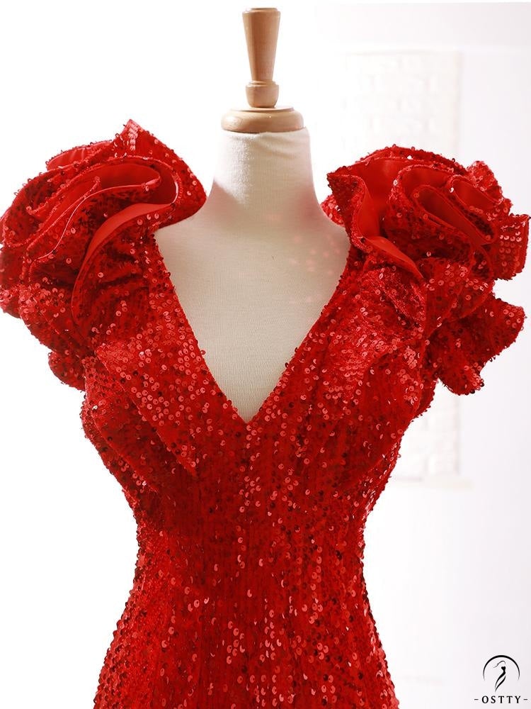 Red Wedding Dress Female Bride Wedding Toast Dress Shiny Fishtail Evening Dress - $461.98